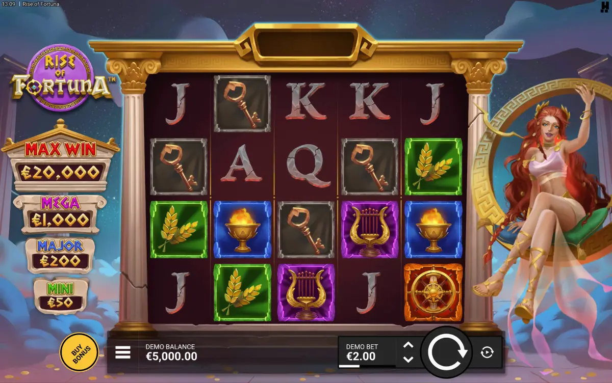 Rise of Fortuna gameplay screenshot showing reels, jackpots with Max Win €20,000, Mega €1,000, Major €200, Mini €50, and Fortuna character